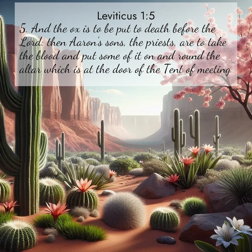 BasicEnglish Leviticus  ; image nature: image with the bible verse :And the ox is to be put to death before the Lord: then Aaron&#039;s sons, the priests, are to take the blood and put some of it on and round the altar which is at the door of the Tent of meeting. ; Explore Bible verse images beautifully illustrated with spring scenes, such as blooming meadows, trees in full bloom, and tranquil streams. These landscapes convey divine hope and vitality. Download and share verses like KJV Leviticus 1:5. Current verse is overlayed with the thematic nature scene : Desert cacti burst with spring blooms against red sandstone formations. ; 1:5