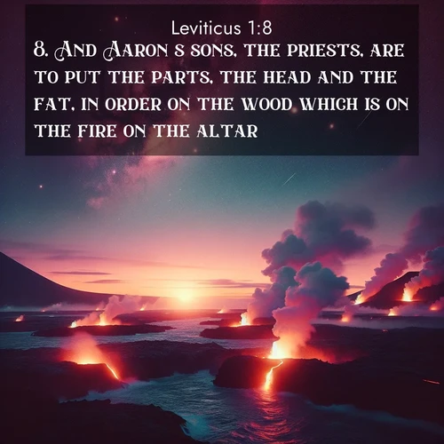 BasicEnglish Leviticus  ; image nature: image with the bible verse :And Aaron&#039;s sons, the priests, are to put the parts, the head and the fat, in order on the wood which is on the fire on the altar: ; Explore a collection of free Bible verse images paired with serene landscapes like golden beaches, verdant forests, and clear blue skies. Each image is ideal for desktop or phone wallpapers. Share verses like KJV Leviticus 1:8. Current verse is overlayed with the thematic nature scene : Lava flows meet the ocean at twilight, sending plumes of steam skyward. Stars emerge one by one above the cosmic display. ; 1:8