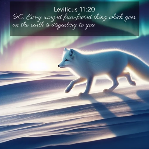 BasicEnglish Leviticus  ; image nature: image with the bible verse :Every winged four-footed thing which goes on the earth is disgusting to you; ; Explore an inspiring selection of Bible verse images adorned with nature photos, such as starry skies, verdant hills, and golden beaches. Each image reflects the peace and beauty of God&#039;s creation with vibrant colors and varied fonts. Share uplifting verses like KJV Leviticus 11:20. Current verse is overlayed with the thematic nature scene : An arctic fox hunts across windswept tundra. Northern lights paint its white coat in pastels. ; 11:20