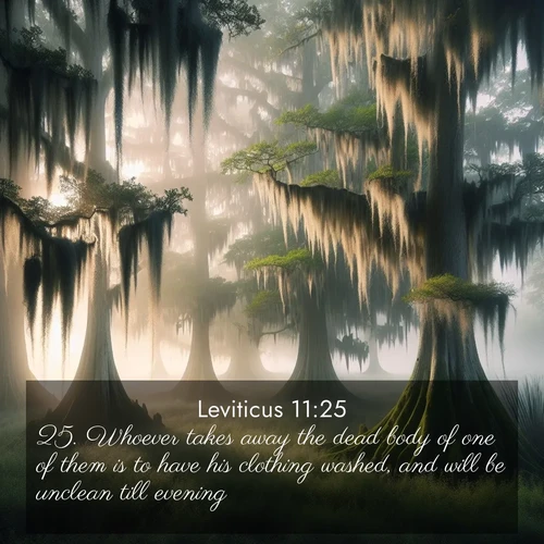 BasicEnglish Leviticus  ; image nature: image with the bible verse :Whoever takes away the dead body of one of them is to have his clothing washed, and will be unclean till evening. ; Download stunning Bible verse images paired with nature scenes like rolling clouds, sparkling waters, and vibrant flower fields. These free images are perfect for spiritual reflection or wallpaper use. Share KJV Leviticus 11:25. Current verse is overlayed with the thematic nature scene : Moss-draped cypress trees emerge from morning fog. Spanish moss sways like ancient lace. ; 11:25