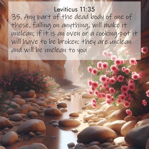 BasicEnglish Leviticus  ; image nature: image with the bible verse :Any part of the dead body of one of these, falling on anything, will make it unclean; if it is an oven or a cooking-pot it will have to be broken: they are unclean and will be unclean to you. ; Explore a winter collection of Bible verse images adorned with photos of icy landscapes, frozen waterfalls, and snow-covered forests. These scenes capture divine tranquility and purity. Download inspiring verses like KJV Leviticus 11:35. Current verse is overlayed with the thematic nature scene : Desert roses bloom in a hidden canyon after rare rainfall. Their pink petals contrast against weathered sandstone walls. ; 11:35