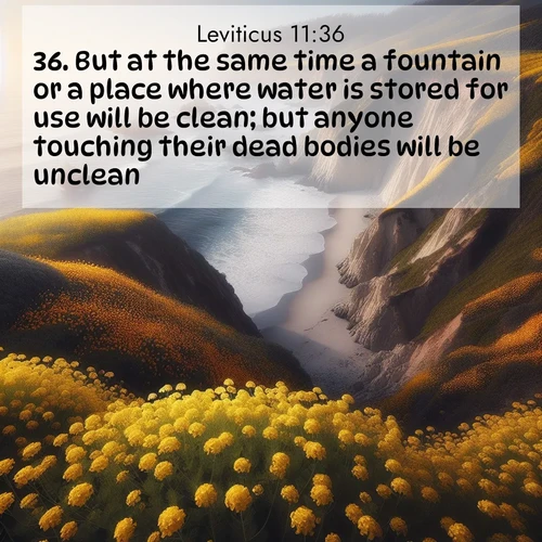 BasicEnglish Leviticus  ; image nature: image with the bible verse :But at the same time a fountain or a place where water is stored for use will be clean; but anyone touching their dead bodies will be unclean. ; Explore Bible verses combined with serene beach photos, desert dunes, and infinite skies, highlighting God&#039;s majesty in every landscape. Download and share inspiring verses like KJV Leviticus 11:36. Current verse is overlayed with the thematic nature scene : Wild mustard carpets coastal cliffs. Ocean waves provide rhythm below. ; 11:36