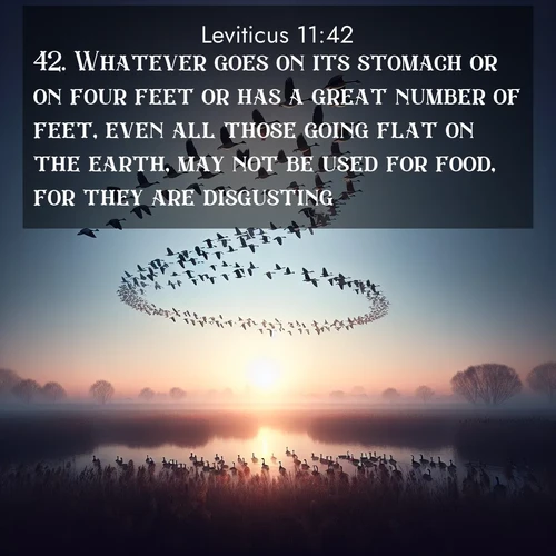 BasicEnglish Leviticus  ; image nature: image with the bible verse :Whatever goes on its stomach or on four feet or has a great number of feet, even all those going flat on the earth, may not be used for food, for they are disgusting. ; Discover a unique collection of Bible verses adorned with winter landscapes, such as snow-covered forests, gently falling snowflakes, and pristine mountains. These images evoke the peace and purity of God&#039;s creation. Share verses like KJV Leviticus 11:42. Current verse is overlayed with the thematic nature scene : Wild geese arrow through dawn sky. Their calls wake sleeping marshes. ; 11:42