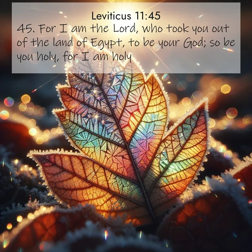 BasicEnglish Leviticus  ; image nature: image with the bible verse :For I am the Lord, who took you out of the land of Egypt, to be your God; so be you holy, for I am holy. ; Download Bible verse images featuring vibrant photos of nature, from snowy landscapes to golden deserts. These free images are perfect for phone wallpapers, desktop backgrounds, or sharing. Verses include KJV Leviticus 11:45. Current verse is overlayed with the thematic nature scene : Frost crystals form intricate patterns on a fallen leaf. Morning sun transforms them into rainbow prisms. ; 11:45