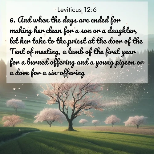 BBE Leviticus 12:6 overlaying nature image scene: Spring winds scatter cherry blossoms like snow.;6. And when the days are ended for making her clean for a son or a daughter, let her take to the priest at the door of the Tent of meeting, a lamb of the first year for a burned offering and a young pigeon or a dove for a sin-offering: