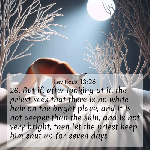 BasicEnglish Leviticus  ; image nature: image with the bible verse :But if, after looking at it, the priest sees that there is no white hair on the bright place, and it is not deeper than the skin, and is not very bright, then let the priest keep him shut up for seven days: ; Explore Bible verse images highlighting the beauty of spring, with vibrant flowers, butterflies, and blossoming fruit trees. These scenes evoke divine hope and renewal. Download inspiring verses like KJV Leviticus 13:26. Current verse is overlayed with the thematic nature scene : A red fox hunts through pristine snow. Moon shadows dance between bare trees. ; 13:26