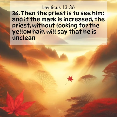BasicEnglish Leviticus  ; image nature: image with the bible verse :Then the priest is to see him: and if the mark is increased, the priest, without looking for the yellow hair, will say that he is unclean. ; Explore our vast collection of images featuring beautifully illustrated Bible verses accompanied by nature photos. Discover inspiring and motivating verses paired with soothing landscapes, like shimmering lakes, majestic mountains, and lush forests. Our images highlight the peaceful beauty of God&#039;s creation with vibrant colors and varied fonts. Download and share verse images like KJV Leviticus 13:36. Current verse is overlayed with the thematic nature scene : Autumn fog fills a mountain valley. A red maple leaf drifts through golden light. ; 13:36
