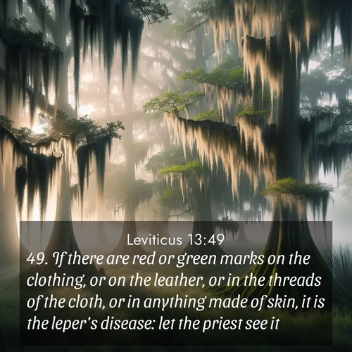 BasicEnglish Leviticus  ; image nature: image with the bible verse :If there are red or green marks on the clothing, or on the leather, or in the threads of the cloth, or in anything made of skin, it is the leper&#039;s disease: let the priest see it. ; Admire our free collection of Bible verse images with beautiful landscapes like sunlit forests, rippling waters, and radiant dawns. Each verse, such as KJV Leviticus 13:49, is ready to download and share. Current verse is overlayed with the thematic nature scene : Moss-draped cypress trees emerge from morning fog. Spanish moss sways like ancient lace. ; 13:49
