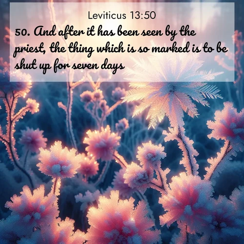 BasicEnglish Leviticus  ; image nature: image with the bible verse :And after it has been seen by the priest, the thing which is so marked is to be shut up for seven days: ; Browse a vast collection of Bible verse images featuring awe-inspiring landscapes such as calm lakes, vibrant sunsets, and peaceful fields. Download them for free and enjoy verses like KJV Leviticus 13:50. Current verse is overlayed with the thematic nature scene : Morning light reveals frost flowers. Rainbow crystals bloom on bare branches. ; 13:50