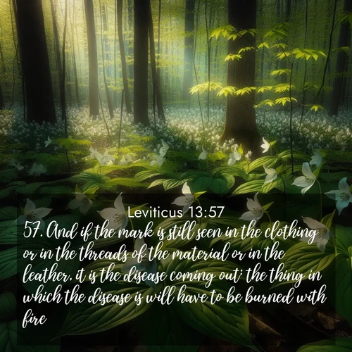 BasicEnglish Leviticus  ; image nature: image with the bible verse :And if the mark is still seen in the clothing or in the threads of the material or in the leather, it is the disease coming out: the thing in which the disease is will have to be burned with fire. ; Browse high-resolution Bible verse images featuring stunning nature photography, such as radiant sunsets, tranquil rivers, and blooming fields. Perfect for wallpapers or sharing on social media. Download KJV Leviticus 13:57. Current verse is overlayed with the thematic nature scene : Wild trillium carpets the forest floor. Sunlight filters green through new spring leaves. ; 13:57