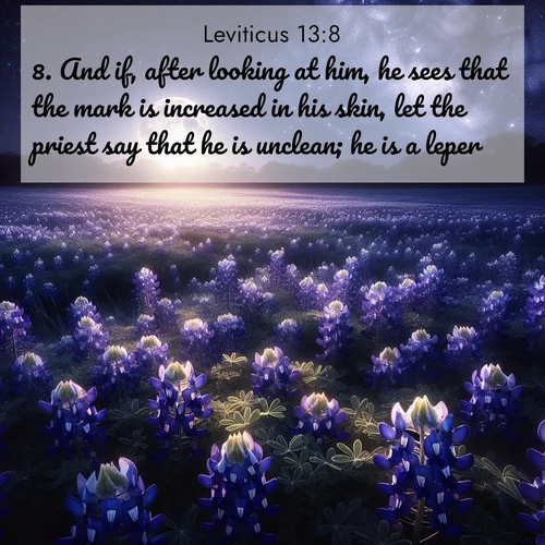 BasicEnglish Leviticus  ; image nature: image with the bible verse :And if, after looking at him, he sees that the mark is increased in his skin, let the priest say that he is unclean; he is a leper. ; Explore serene Bible verse images adorned with photos of divine creation—tranquil beaches, snowy mountains, and starry skies. Each image is free to download and share. Verses include KJV Leviticus 13:8. Current verse is overlayed with the thematic nature scene : Moonlight illuminates a field of bluebonnets. A warm breeze carries their sweet fragrance across the prairie. ; 13:8