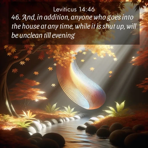 BasicEnglish Leviticus  ; image nature: image with the bible verse :And, in addition, anyone who goes into the house at any time, while it is shut up, will be unclean till evening. ; Explore a collection of inspiring Bible verse images accompanied by winter photos, such as snowy landscapes, frosted trees, and frozen lakes. These images reflect the peace and purity of God&#039;s creation, with elegant fonts and luminous colors. Download and share verses like KJV Leviticus 14:46. Current verse is overlayed with the thematic nature scene : Autumn leaves spiral through shafts of light. A hidden stream provides gentle music. ; 14:46