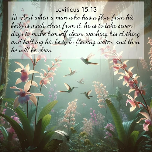 BasicEnglish Leviticus  ; image nature: image with the bible verse :And when a man who has a flow from his body is made clean from it, he is to take seven days to make himself clean, washing his clothing and bathing his body in flowing water, and then he will be clean. ; Explore a stunning collection of Bible verse images featuring picturesque scenery like sun-drenched meadows, tranquil lakes, and majestic forests. All images are free to download and share. Verses include KJV Leviticus 15:13. Current verse is overlayed with the thematic nature scene : Wild orchids bloom in rainforest canopy. Hummingbirds dance between delicate petals. ; 15:13