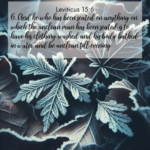 BasicEnglish Leviticus  ; image nature: image with the bible verse :And he who has been seated on anything on which the unclean man has been seated is to have his clothing washed and his body bathed in water and be unclean till evening. ; Discover our unique collection of Bible verse images integrated with photos showcasing the majesty of nature, such as rocky mountains, ancient trees, and crystal-clear lakes. These images feature luminous colors and text in varied fonts, reflecting the harmony of God&#039;s creation. Download verses like KJV Leviticus 15:6. Current verse is overlayed with the thematic nature scene : Winter frost creates delicate patterns on fallen leaves. ; 15:6