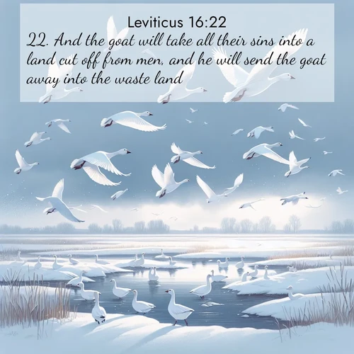 BasicEnglish Leviticus  ; image nature: image with the bible verse :And the goat will take all their sins into a land cut off from men, and he will send the goat away into the waste land. ; Admire Bible verse images featuring tranquil rivers, golden fields, and starry heavens. These free-to-download images make inspiring wallpapers or thoughtful gifts. Download KJV Leviticus 16:22 now. Current verse is overlayed with the thematic nature scene : Snow geese take flight from a winter marsh. Their wings flash white against leaden skies. ; 16:22