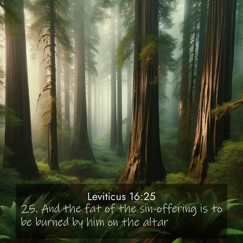 BasicEnglish Leviticus  ; image nature: image with the bible verse :And the fat of the sin-offering is to be burned by him on the altar. ; Discover Bible verse images capturing the warmth of summer, with beach landscapes, sunlit fields, and clear skies. These bright scenes reflect divine joy. Share verses like KJV Leviticus 16:25. Current verse is overlayed with the thematic nature scene : Coastal redwoods disappear into the fog high above a fern grove. ; 16:25