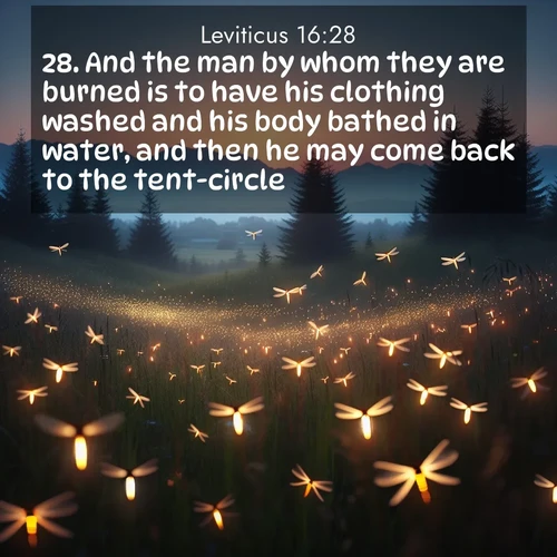 BasicEnglish Leviticus  ; image nature: image with the bible verse :And the man by whom they are burned is to have his clothing washed and his body bathed in water, and then he may come back to the tent-circle. ; Explore a collection of Bible verses paired with springtime scenes, featuring blooming flowers, lush meadows, and trees in full bloom. These images symbolize divine renewal and hope. Download inspiring verses like KJV Leviticus 16:28. Current verse is overlayed with the thematic nature scene : Lightning bugs rise from summer meadows at dusk. Their lights dance like earthbound stars. ; 16:28