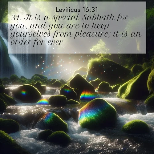 BasicEnglish Leviticus  ; image nature: image with the bible verse :It is a special Sabbath for you, and you are to keep yourselves from pleasure; it is an order for ever. ; Admire our free collection of Bible verse images with beautiful landscapes like sunlit forests, rippling waters, and radiant dawns. Each verse, such as KJV Leviticus 16:31, is ready to download and share. Current verse is overlayed with the thematic nature scene : Rainbow prisms dance in a waterfall&#039;s spray. Moss glows emerald in filtered light. ; 16:31
