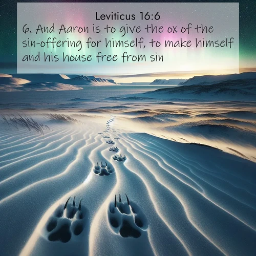 BasicEnglish Leviticus  ; image nature: image with the bible verse :And Aaron is to give the ox of the sin-offering for himself, to make himself and his house free from sin. ; Explore a unique collection of Bible verses illustrated by winter landscapes, such as snowy mountains, frosty forests, and starry skies. These images capture the peace and beauty of winter. Share verses like KJV Leviticus 16:6. Current verse is overlayed with the thematic nature scene : Arctic fox tracks cross windswept tundra. Northern lights pulse overhead in cosmic rhythm. ; 16:6