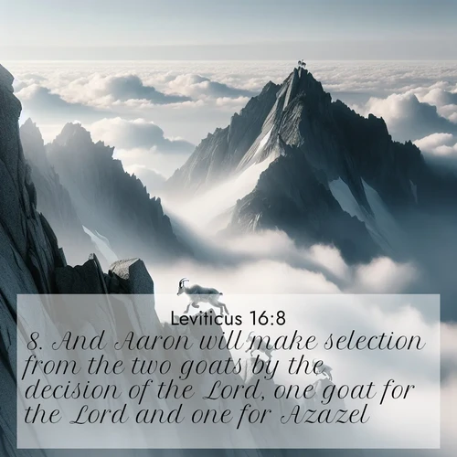 BasicEnglish Leviticus  ; image nature: image with the bible verse :And Aaron will make selection from the two goats by the decision of the Lord, one goat for the Lord and one for Azazel. ; Discover Bible images capturing the essence of autumn, with wooded paths, golden fields, and swirling leaves. These scenes reflect the changing beauty of God&#039;s creation. Download verses like KJV Leviticus 16:8. Current verse is overlayed with the thematic nature scene : Mountain goats navigate impossible peaks. Clouds swirl beneath their sure feet. ; 16:8