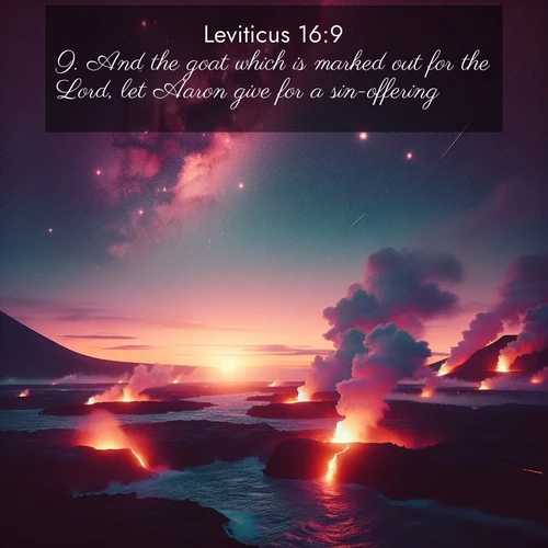 BasicEnglish Leviticus  ; image nature: image with the bible verse :And the goat which is marked out for the Lord, let Aaron give for a sin-offering. ; Explore free Bible verse images with stunning nature themes, including sunlit paths, forest clearings, and endless horizons. Perfect for desktop backgrounds or phone wallpapers. Verses include KJV Leviticus 16:9. Current verse is overlayed with the thematic nature scene : Lava flows meet the ocean at twilight, sending plumes of steam skyward. Stars emerge one by one above the cosmic display. ; 16:9