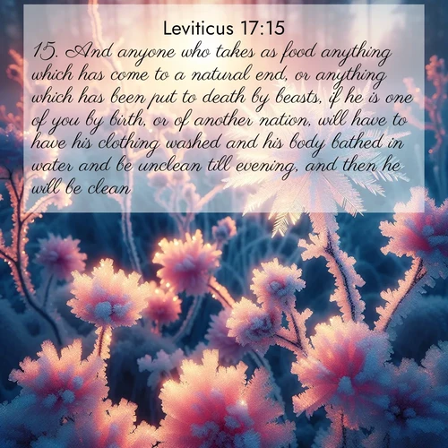 BasicEnglish Leviticus  ; image nature: image with the bible verse :And anyone who takes as food anything which has come to a natural end, or anything which has been put to death by beasts, if he is one of you by birth, or of another nation, will have to have his clothing washed and his body bathed in water and be unclean till evening, and then he will be clean. ; Discover Bible images illustrated by desert landscapes, like sand dunes, majestic rocks, and starry skies. These images symbolize the grandeur and immensity of God&#039;s creation. Download verses like KJV Leviticus 17:15. Current verse is overlayed with the thematic nature scene : Morning light reveals frost flowers. Rainbow crystals bloom on bare branches. ; 17:15
