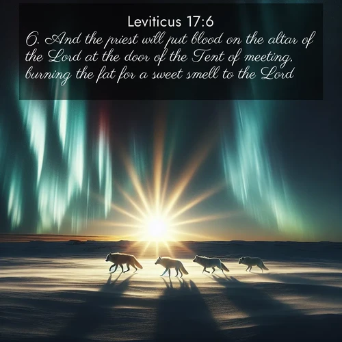 BasicEnglish Leviticus  ; image nature: image with the bible verse :And the priest will put blood on the altar of the Lord at the door of the Tent of meeting, burning the fat for a sweet smell to the Lord. ; Dive into our collection of Bible verses paired with coastal scenes, featuring calming waves, infinite beaches, and reflections of the sun on the water. These images evoke the peace and beauty of God. Share verses like KJV Leviticus 17:6. Current verse is overlayed with the thematic nature scene : Arctic wolves traverse windswept tundra. Northern lights paint their fur in shifting colors. ; 17:6