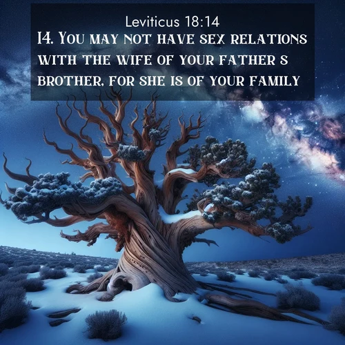 BBE Leviticus 18:14 overlaying nature image scene: Ancient bristlecone pine twists against a navy twilight sky, its gnarled branches laden with fresh snow. The Milky Way arcs overhead in crystalline clarity.;14. You may not have sex relations with the wife of your father's brother, for she is of your family;