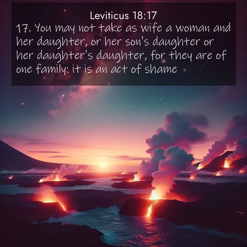 BBE Leviticus 18:17 overlaying nature image scene: Lava flows meet the ocean at twilight, sending plumes of steam skyward. Stars emerge one by one above the cosmic display.;17. You may not take as wife a woman and her daughter, or her son's daughter or her daughter's daughter, for they are of one family: it is an act of shame.
