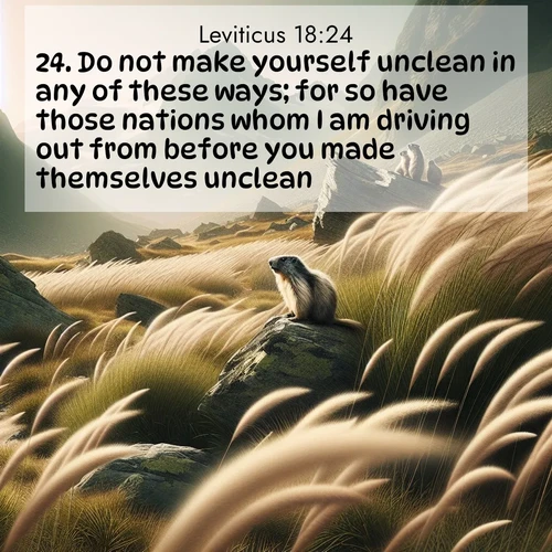 BBE Leviticus 18:24 overlaying nature image scene: Mountain meadow grasses bend in alpine wind. Marmots whistle warnings from rocky outcrops.;24. Do not make yourself unclean in any of these ways; for so have those nations whom I am driving out from before you made themselves unclean:
