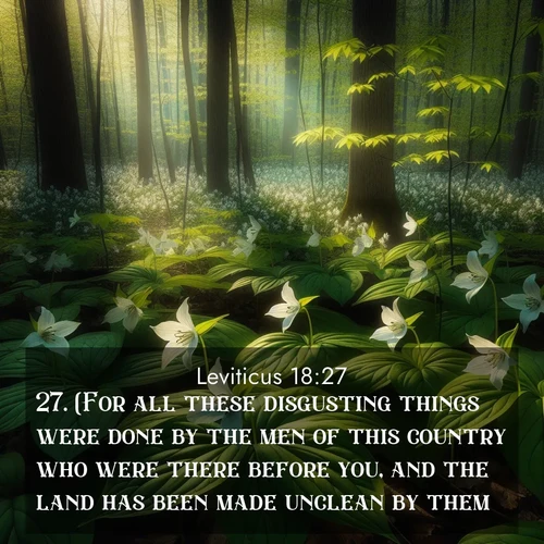 BBE Leviticus 18:27 overlaying nature image scene: Wild trillium carpets the forest floor. Sunlight filters green through new spring leaves.;27. (For all these disgusting things were done by the men of this country who were there before you, and the land has been made unclean by them;)
