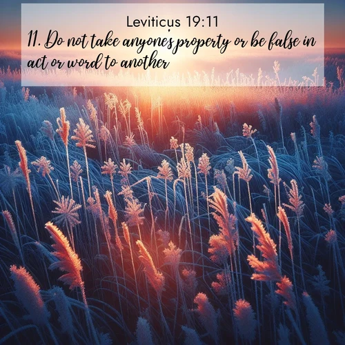 BasicEnglish Leviticus  ; image nature: image with the bible verse :Do not take anyone&#039;s property or be false in act or word to another. ; Admire our autumnal collection of Bible verse images accompanied by photos of paths lined with red and yellow leaves, fiery forests, and calm rivers. These images inspire reflection and serenity. Share verses like KJV Leviticus 19:11. Current verse is overlayed with the thematic nature scene : Winter sunrise illuminates frost-covered prairie grass. ; 19:11
