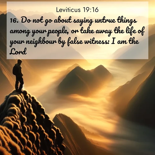 BasicEnglish Leviticus  ; image nature: image with the bible verse :Do not go about saying untrue things among your people, or take away the life of your neighbour by false witness: I am the Lord. ; Explore a unique collection of Bible verses illustrated by winter landscapes, such as snowy mountains, frosty forests, and starry skies. These images capture the peace and beauty of winter. Share verses like KJV Leviticus 19:16. Current verse is overlayed with the thematic nature scene : A solitary climber watches sunrise from a knife-edge ridge. Golden light spills into valleys of morning mist. ; 19:16