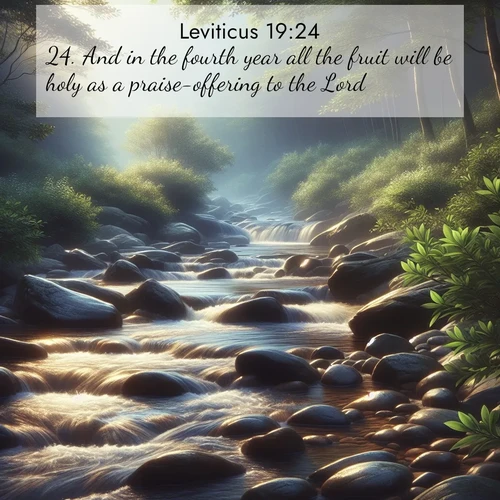 BasicEnglish Leviticus  ; image nature: image with the bible verse :And in the fourth year all the fruit will be holy as a praise-offering to the Lord. ; Admire our autumnal collection of Bible verse images accompanied by photos of paths lined with red and yellow leaves, fiery forests, and calm rivers. These images inspire reflection and serenity. Share verses like KJV Leviticus 19:24. Current verse is overlayed with the thematic nature scene : A mountain stream tumbles over smooth rocks between banks of mountain laurel. ; 19:24