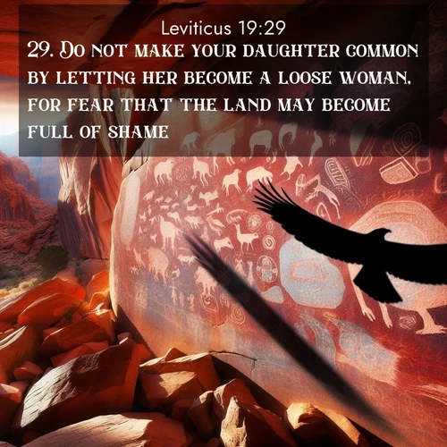 BasicEnglish Leviticus  ; image nature: image with the bible verse :Do not make your daughter common by letting her become a loose woman, for fear that the land may become full of shame. ; Discover beautiful Bible verse images that combine inspiring scripture with captivating nature photos. Download high-quality images featuring lush valleys, peaceful streams, and endless horizons like KJV Leviticus 19:29. Current verse is overlayed with the thematic nature scene : Ancient petroglyphs weather on red canyon walls. A circling hawk&#039;s shadow passes over the timeless art. ; 19:29
