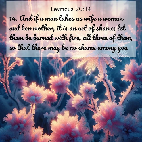 BBE Leviticus 20:14 overlaying nature image scene: Morning light reveals frost flowers. Rainbow crystals bloom on bare branches.;14. And if a man takes as wife a woman and her mother, it is an act of shame; let them be burned with fire, all three of them, so that there may be no shame among you.