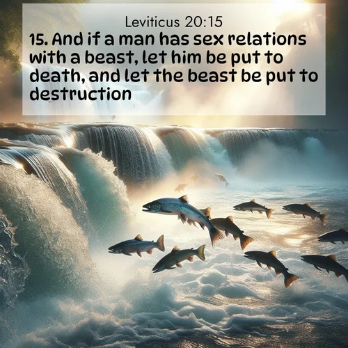 BBE Leviticus 20:15 overlaying nature image scene: Wild salmon leap ancient waterfalls. Mist rises like spirits in morning light.;15. And if a man has sex relations with a beast, let him be put to death, and let the beast be put to destruction.