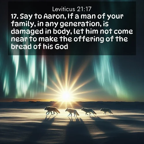 BBE Leviticus 21:17 overlaying nature image scene: Arctic wolves traverse windswept tundra. Northern lights paint their fur in shifting colors.;17. Say to Aaron, If a man of your family, in any generation, is damaged in body, let him not come near to make the offering of the bread of his God.