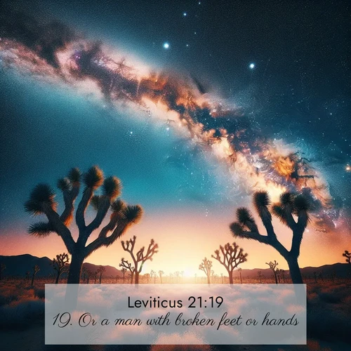 BBE Leviticus 21:19 overlaying nature image scene: Joshua trees reach twisted arms to desert stars. The Milky Way arcs overhead like a river of light.;19. Or a man with broken feet or hands,