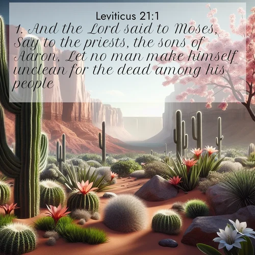 BBE Leviticus 21:1 overlaying nature image scene: Desert cacti burst with spring blooms against red sandstone formations.;1. And the Lord said to Moses, Say to the priests, the sons of Aaron, Let no man make himself unclean for the dead among his people;
