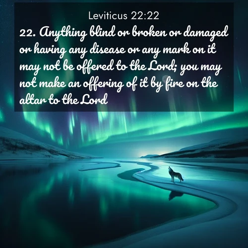 BasicEnglish Leviticus  ; image nature: image with the bible verse :Anything blind or broken or damaged or having any disease or any mark on it may not be offered to the Lord; you may not make an offering of it by fire on the altar to the Lord. ; Explore an exceptional collection of Bible verse images accompanied by photos of nature, showcasing snowy mountains, serene forests, and still lakes. These images feature luminous tones and varied fonts to bring serenity and inspiration. Share uplifting verses like KJV Leviticus 22:22. Current verse is overlayed with the thematic nature scene : Northern lights dance across a frozen lake in ribbons of green and purple. A lone wolf howls from the distant shore. ; 22:22