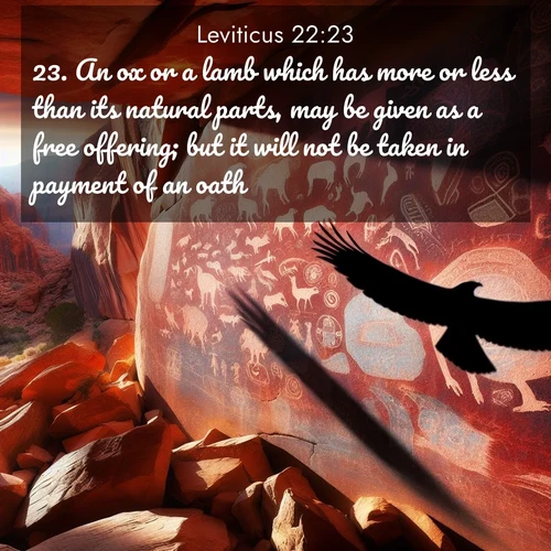 BasicEnglish Leviticus  ; image nature: image with the bible verse :An ox or a lamb which has more or less than its natural parts, may be given as a free offering; but it will not be taken in payment of an oath. ; Explore an exceptional collection of Bible verse images accompanied by photos of nature, showcasing snowy mountains, serene forests, and still lakes. These images feature luminous tones and varied fonts to bring serenity and inspiration. Share uplifting verses like KJV Leviticus 22:23. Current verse is overlayed with the thematic nature scene : Ancient petroglyphs weather on red canyon walls. A circling hawk&#039;s shadow passes over the timeless art. ; 22:23