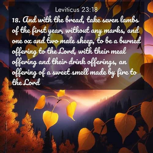 BBE Leviticus 23:18 overlaying nature image scene: Aspen leaves quake golden against purple storm clouds. Lightning flickers between mountain peaks.;18. And with the bread, take seven lambs of the first year, without any marks, and one ox and two male sheep, to be a burned offering to the Lord, with their meal offering and their drink offerings, an offering of a sweet smell made by fire to the Lord.