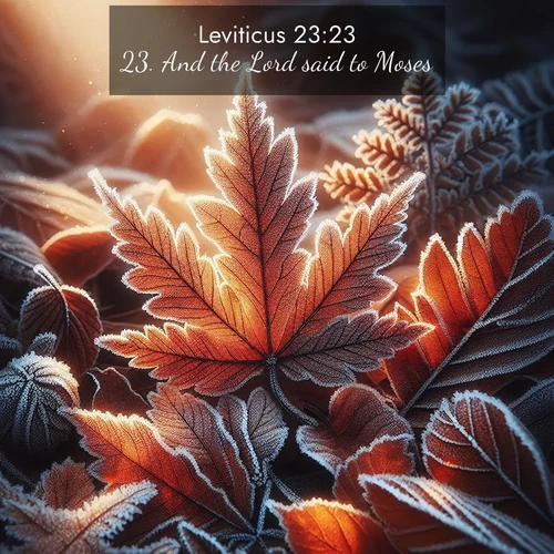 BBE Leviticus 23:23 overlaying nature image scene: Autumn frost rims fallen leaves with crystal.;23. And the Lord said to Moses,