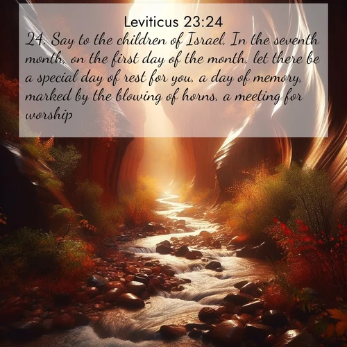 BBE Leviticus 23:24 overlaying nature image scene: Autumn rain creates temporary streams in slot canyons.;24. Say to the children of Israel, In the seventh month, on the first day of the month, let there be a special day of rest for you, a day of memory, marked by the blowing of horns, a meeting for worship.