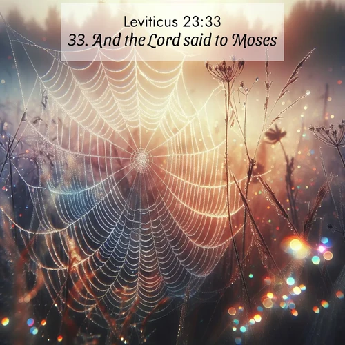 BBE Leviticus 23:33 overlaying nature image scene: Morning fog reveals spider web galaxies. Dew drops catch rainbow light.;33. And the Lord said to Moses,
