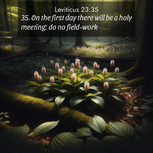 BasicEnglish Leviticus  ; image nature: image with the bible verse :On the first day there will be a holy meeting: do no field-work. ; Explore serene Bible verse images adorned with photos of divine creation—tranquil beaches, snowy mountains, and starry skies. Each image is free to download and share. Verses include KJV Leviticus 23:35. Current verse is overlayed with the thematic nature scene : Wild ginger blooms hidden in forest shadows. Filtered sunlight reveals their secret beauty. ; 23:35