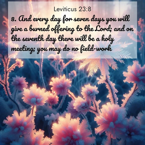BBE Leviticus 23:8 overlaying nature image scene: Morning light reveals frost flowers. Rainbow crystals bloom on bare branches.;8. And every day for seven days you will give a burned offering to the Lord; and on the seventh day there will be a holy meeting; you may do no field-work.