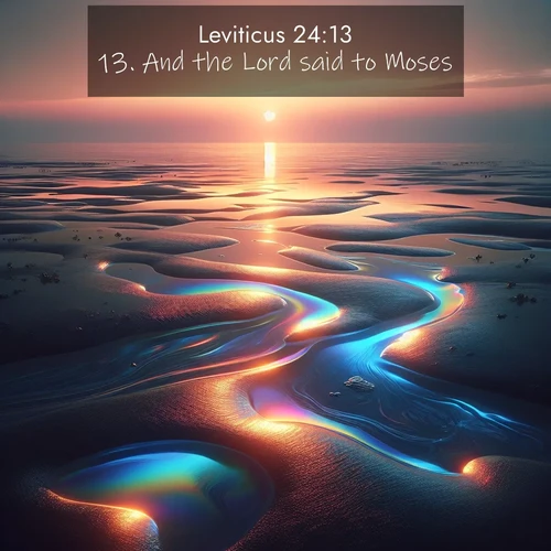 BasicEnglish Leviticus  ; image nature: image with the bible verse :And the Lord said to Moses, ; Admire Bible verse images illustrated by summer photos, such as sunny beaches, sparkling waves, and swaying palm trees. These bright scenes highlight the joy and warmth of God&#039;s creation. Download and share verses like KJV Leviticus 24:13. Current verse is overlayed with the thematic nature scene : Tidal pools reflect sunset colors at low tide. ; 24:13