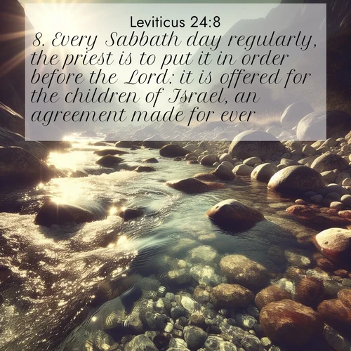 BasicEnglish Leviticus  ; image nature: image with the bible verse :Every Sabbath day regularly, the priest is to put it in order before the Lord: it is offered for the children of Israel, an agreement made for ever. ; Download Bible verse images paired with breathtaking nature photos like golden deserts, shimmering seas, and blossoming orchards. These high-quality, free images are perfect for wallpapers or sharing. Verses include KJV Leviticus 24:8. Current verse is overlayed with the thematic nature scene : Mountain streams sing ancient songs. Sunlight dances through clear pools. ; 24:8